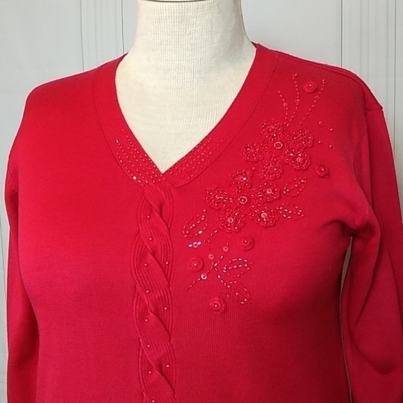 Jenny Womens XL Red Knit V Neck Button Up Cardigan Sweater Beaded Holiday - Picture 2 of 8